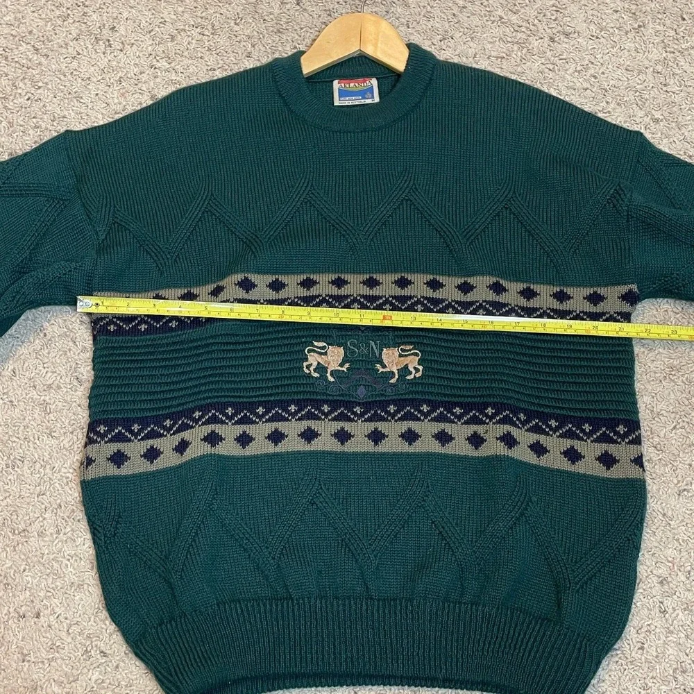 Aklanda Sweater Mens Medium Green Lions Crest Wool Made in Australia Vintage‎